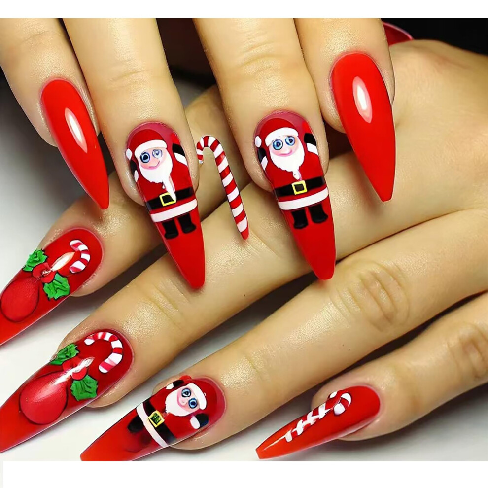 Christmas Press On Nails Almond Shape with Candy Santa Claus Design Full Cover Fake Nails 24pcs