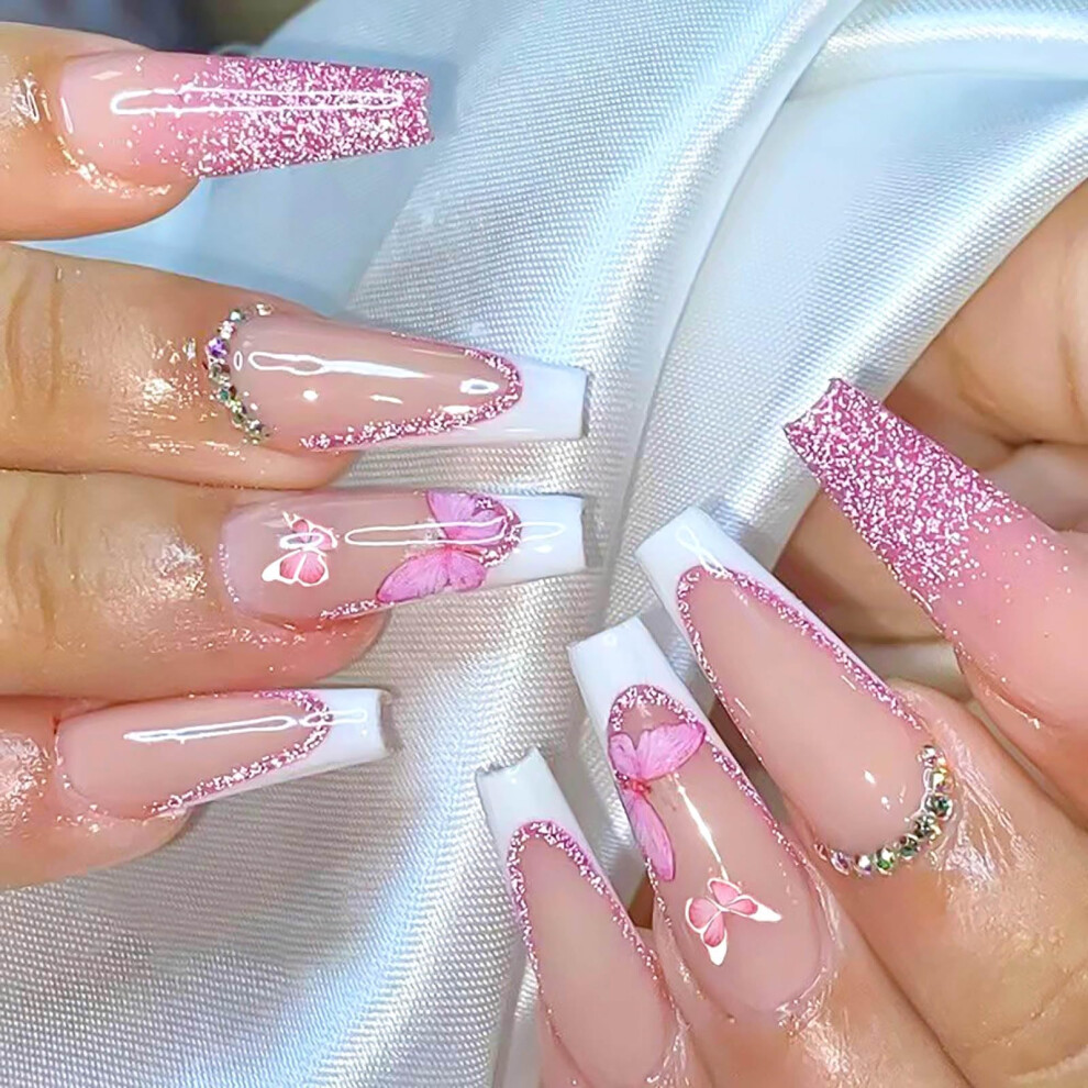 Long Coffin Press On Nails French Tip Fake Nails with Glitter Butterfly Design Reusable Set 24Pcs