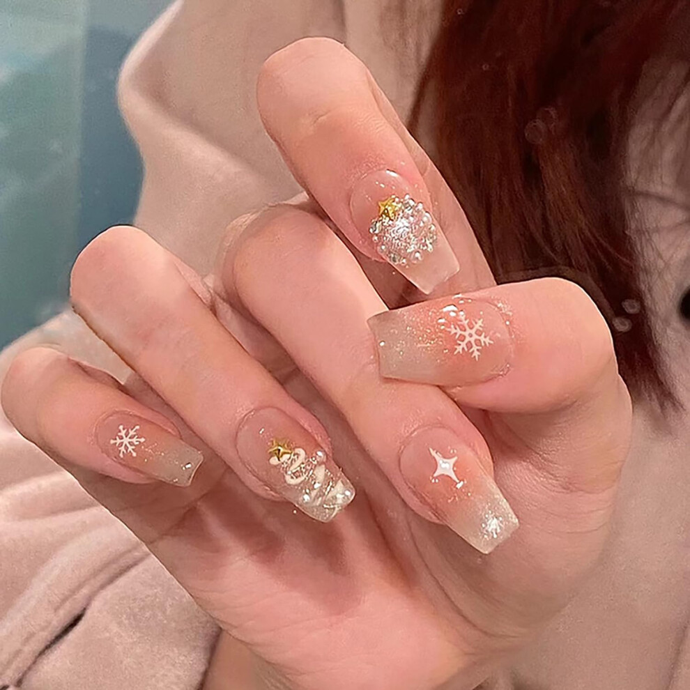 Christmas Press On Nails Long Coffin Fake Nails with Glitter Nude Acrylic Reusable Holiday Set