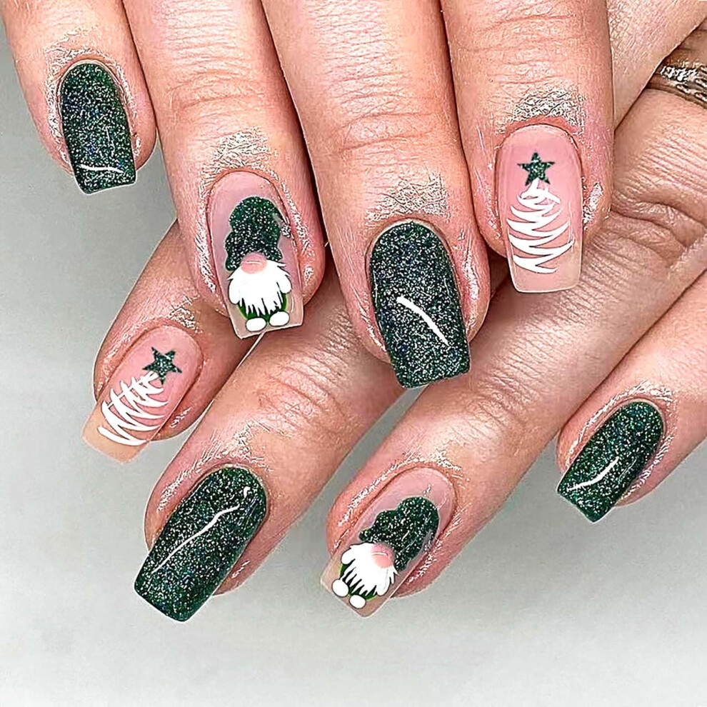 Green Christmas Press On Nails Short Square Acrylic Fake Nails With Santa Claus Glitter Design