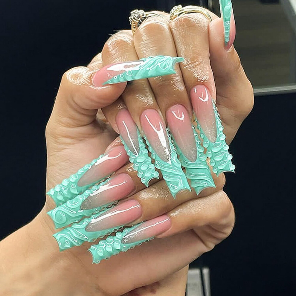 Green Long Coffin Press On Nails With Glue, Glossy Floral Acrylic False Nails For Women, 24Pcs