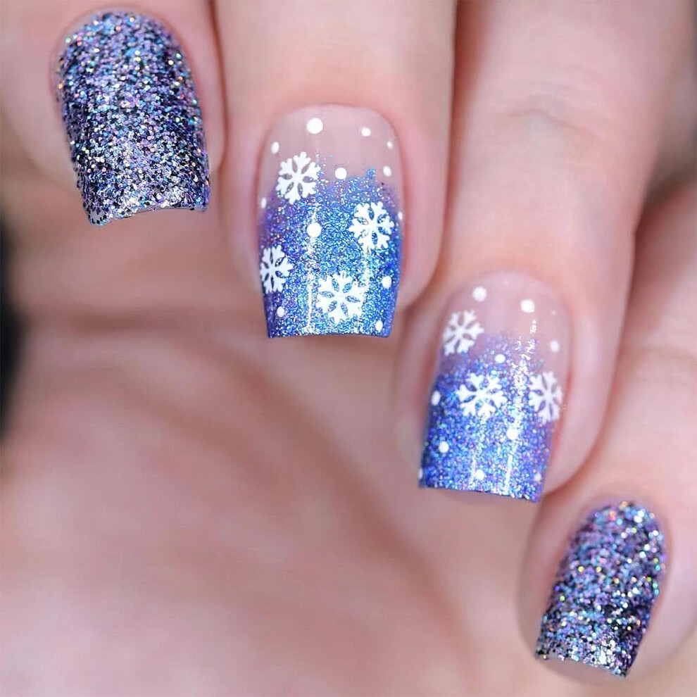 Blue Christmas Press On Nails Short Square Snowflake Glitter Gradient Acrylic False Nails 24Pcs