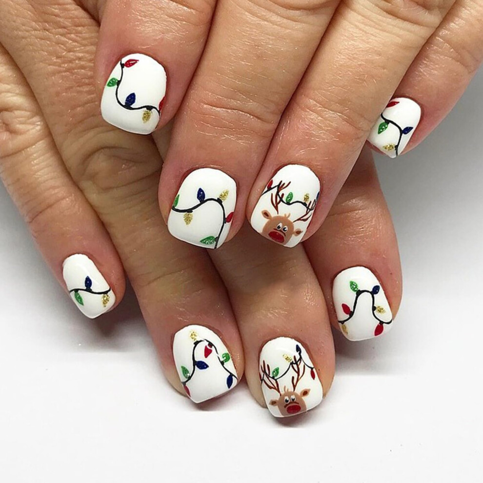 White Christmas Short Square Glossy Press On Nails 24Pcs Salon Style False Nails For Women