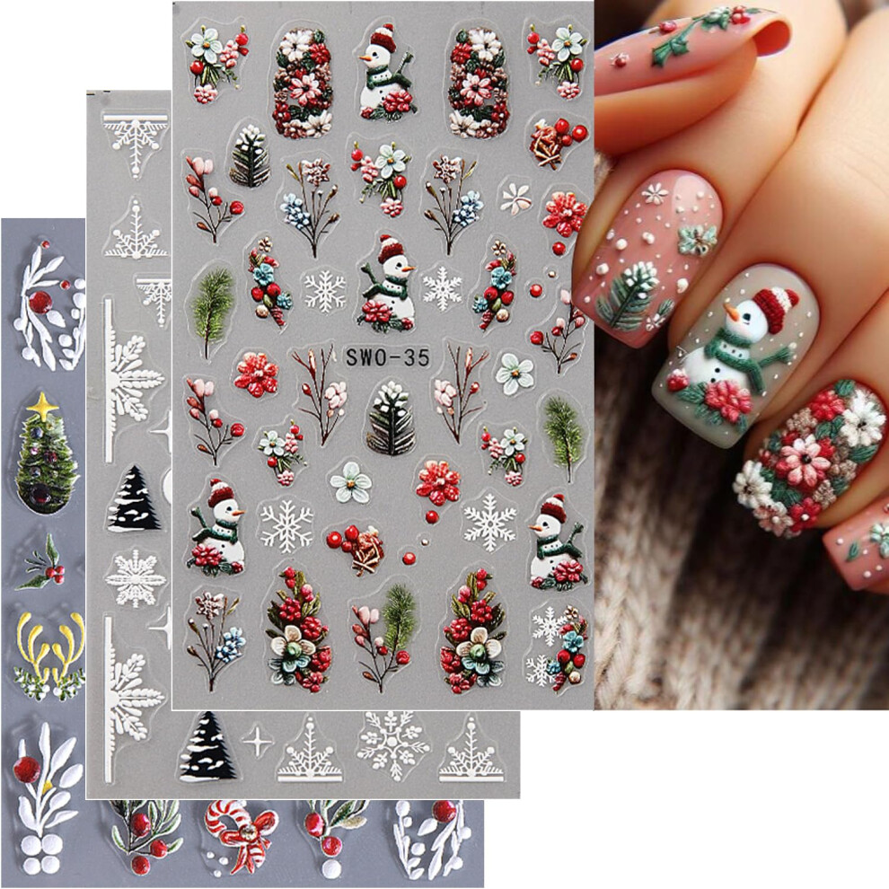 3 Sheets 5D Embossed Christmas Nail Stickers SelfAdhesive Snowflake Tree Decals for Women