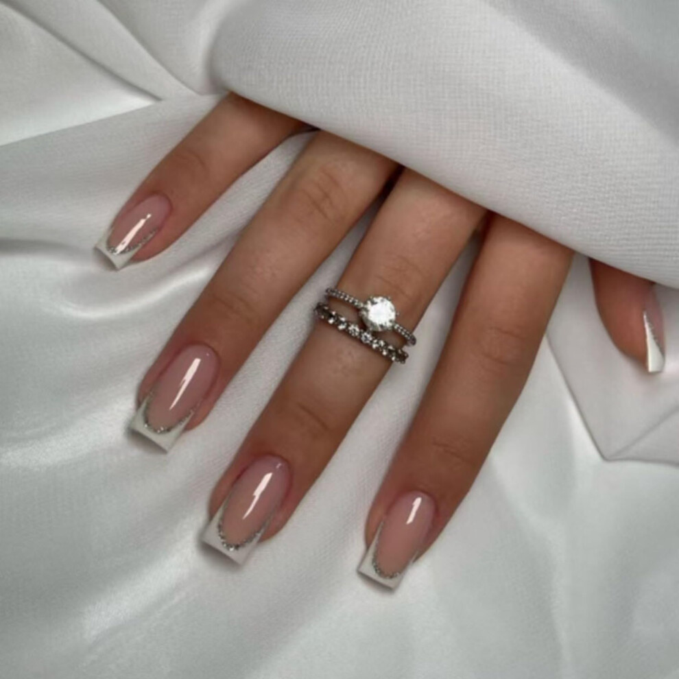 White French Tip Press On Nails Coffin Shape Glitter Reusable Acrylic Nail Kit for Women