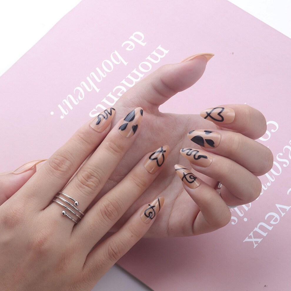 Black Heart Medium Almond Press On Nails Glossy Reusable Fake Nails With Designs For Valentine's