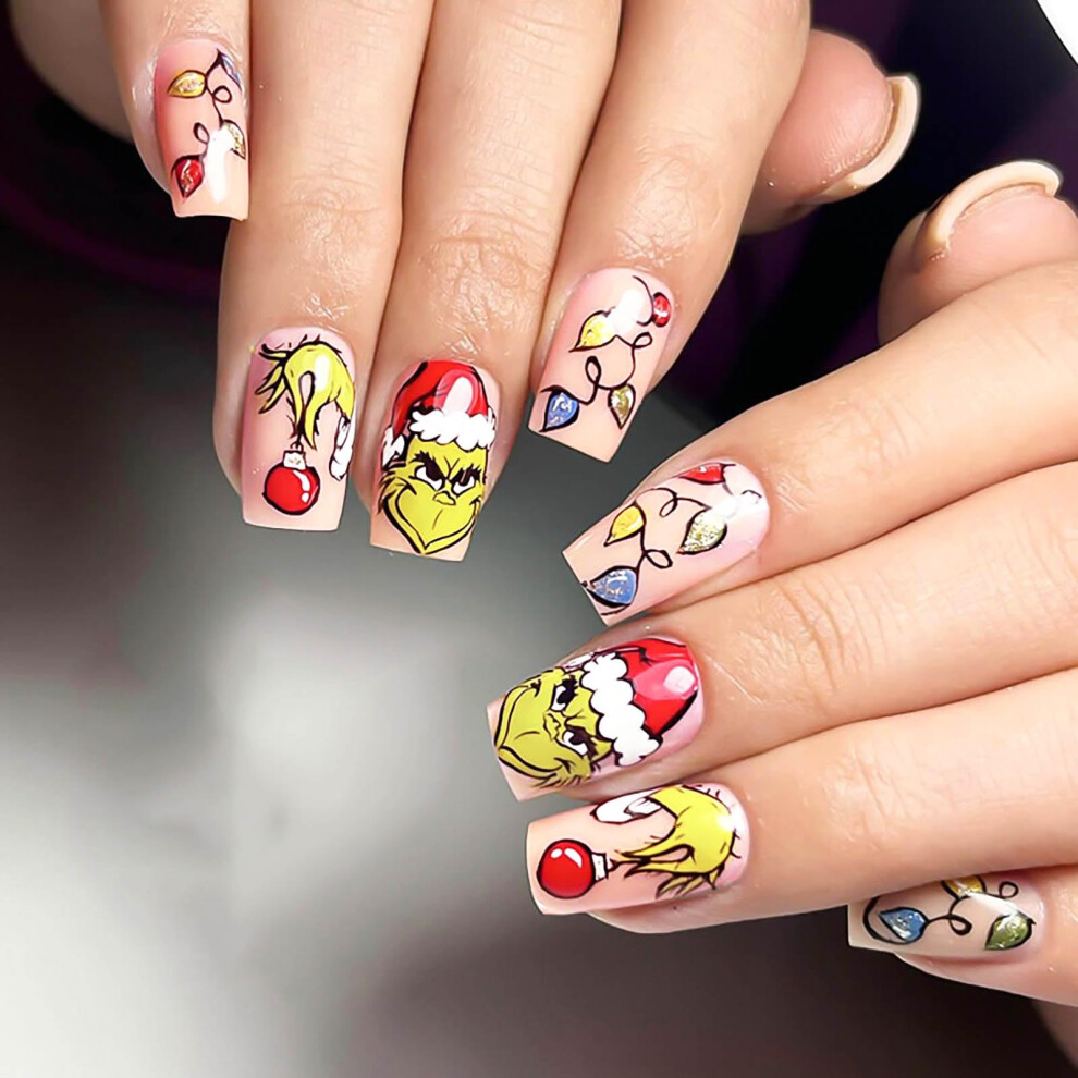 Christmas French Press On Nails Kit Pink Medium Square Fake Nails with Designs 24pcs