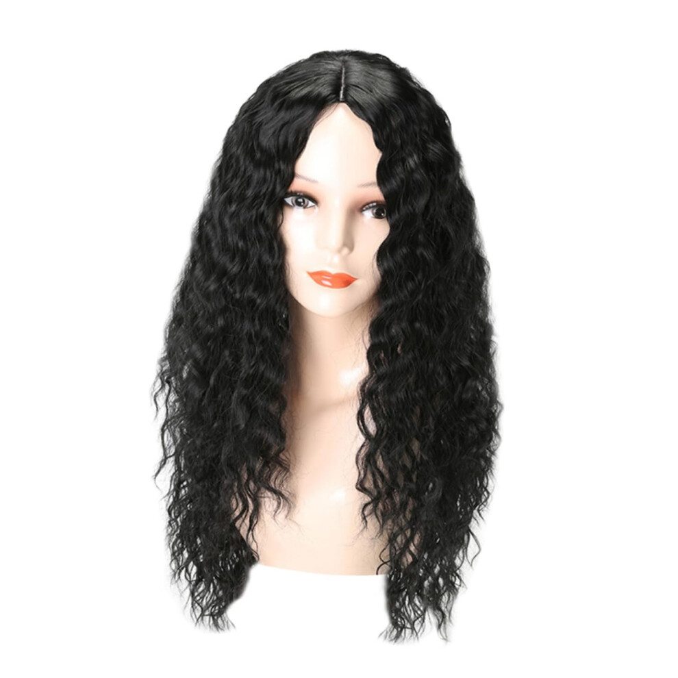 Unisex Black Curly Lace Wig With Natural Hairline, Heat Resistant Long Fluffy Wig For Women Girls
