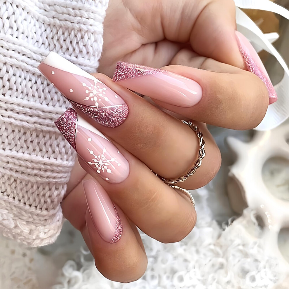 24Pcs Christmas Coffin Press on Nails with Snowflake Glitter French Tip Acrylic False Nails