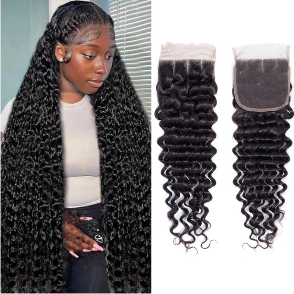 4x4 Deep Wave Lace Closure Brazilian Virgin Human Hair Pre Plucked 150% Density 16 Inch