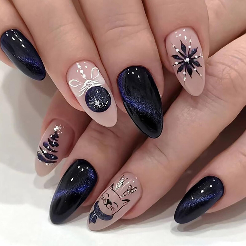 Christmas Press On Nails Almond Shape with Snowflake and Tree Design, 24pcs Durable Acrylic False Nails