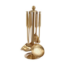 Golden Kitchen Utensil Set with Stand, 7 Piece Stainless Steel Cooking Tools, Dishwasher Safe