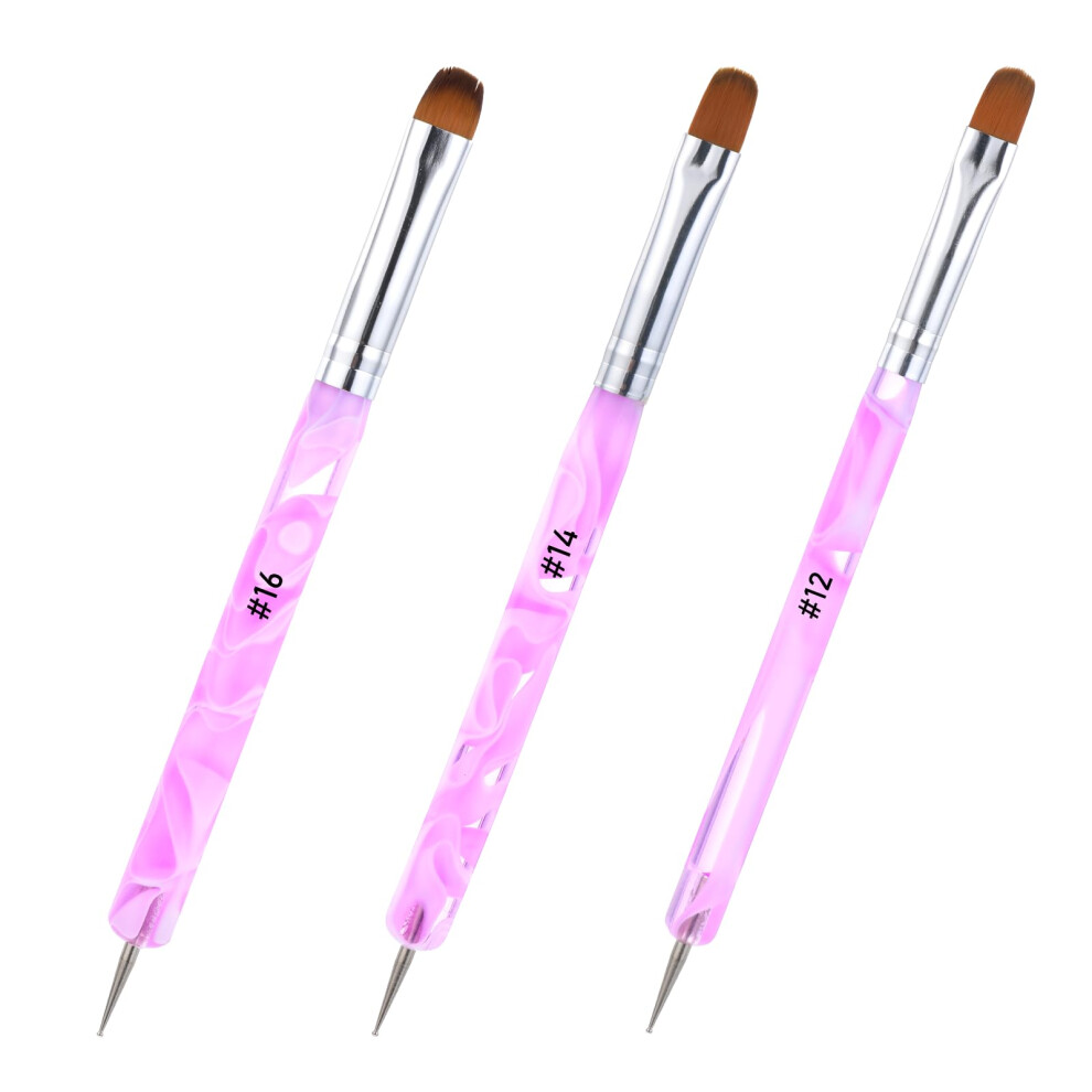French Tip Nail Brush Set, 3pcs DualEnded Gel Manicure Brushes with Dotting Tool, Purple 12# 14# 16#