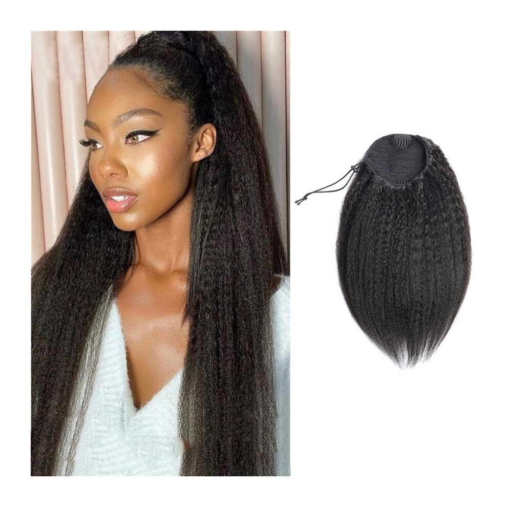 Unisex 20 Inch Human Hair Ponytail Extension Kinky Straight Brazilian Remy Hairpiece With Drawstring Fit