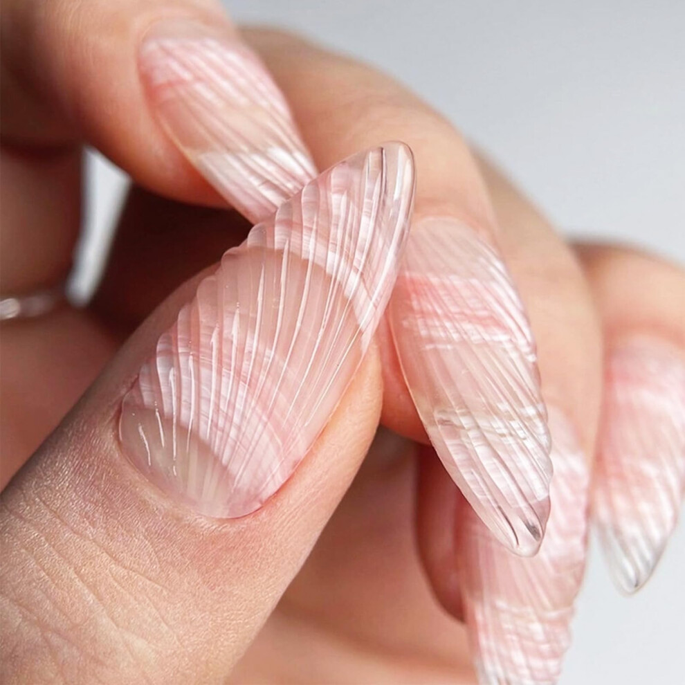 Pink Ocean Shell Press On Nails With Glossy Finish, Medium Almond, Reusable Jelly Glue Kit, 24 Pcs