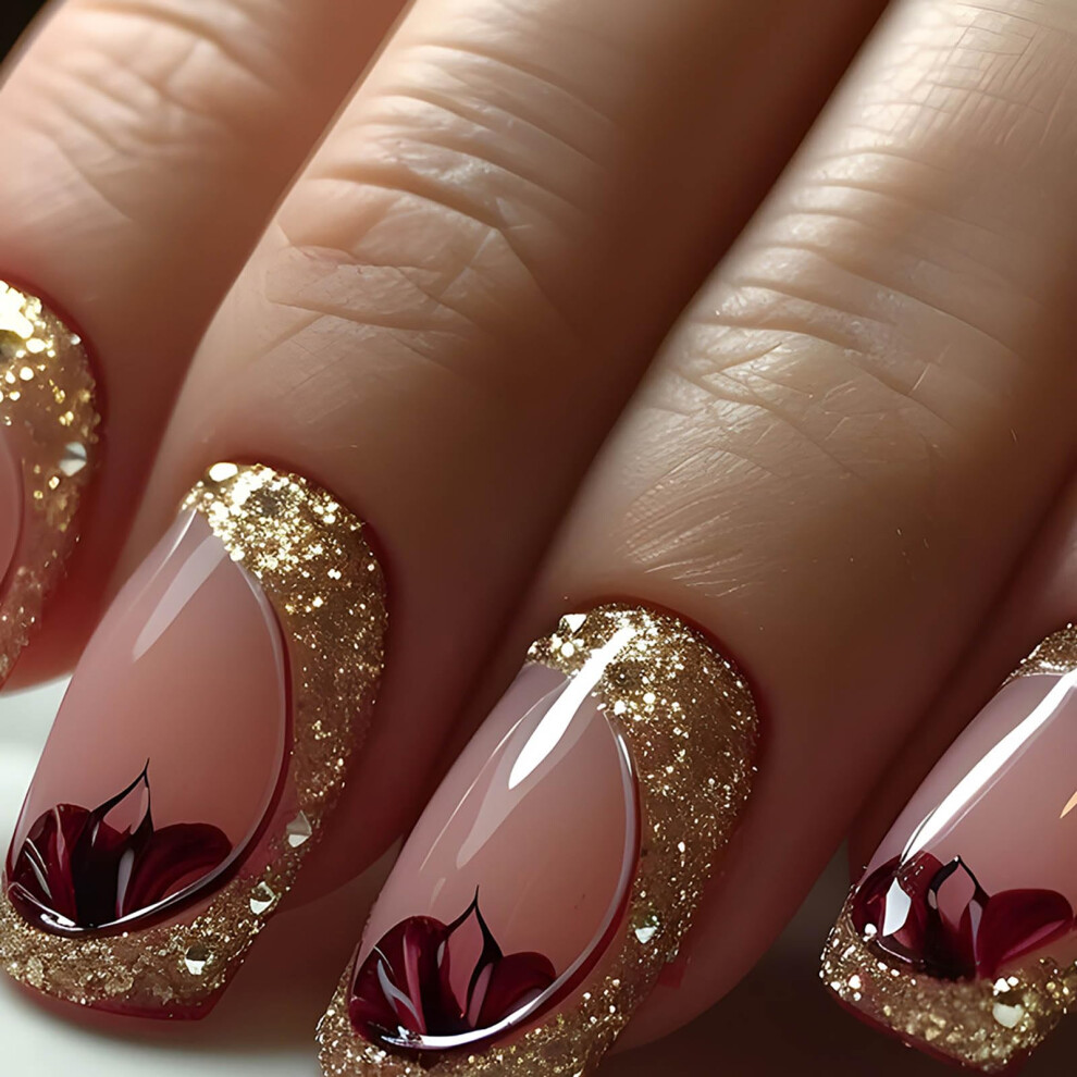 Medium Square Press On Nails 24pcs Fake Nail Set with Gold and Nude Glitter Geometric Design