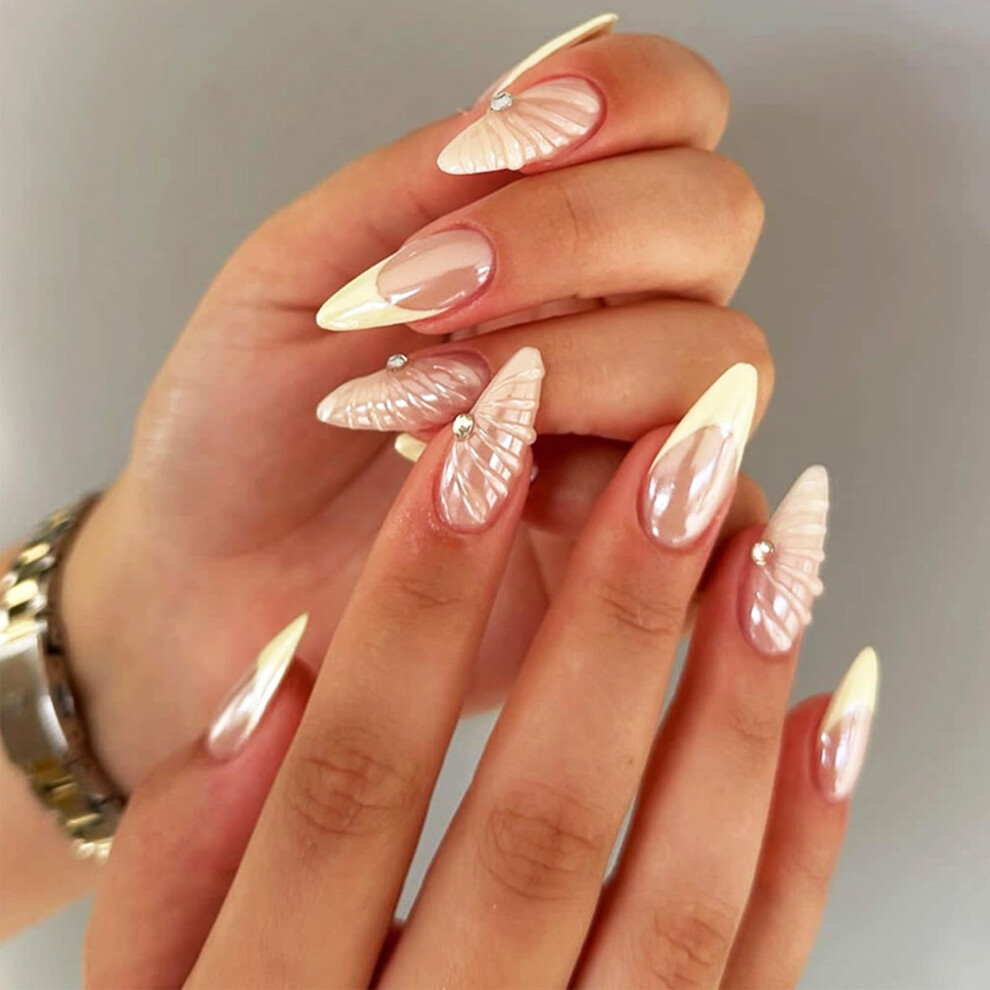 Yellow Chrome Press On Nails With French Tips, Rhinestone Accent, Reusable Glossy Fake Nails 24Pcs