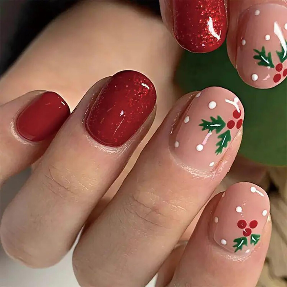 Red Christmas Press On Nails Glitter Almond Shape Acrylic False Nails Set With Glue 24Pcs