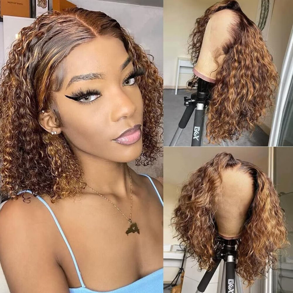 Unisex Black 14 Inch Ombre Honey Blonde Curly Bob Human Hair Lace Front Wig Glueless Pre Plucked Hd Lace