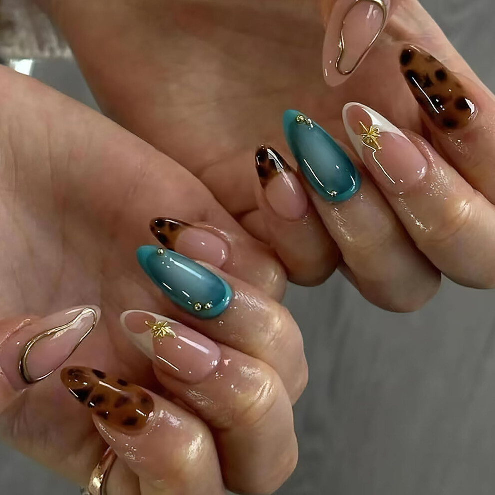 Medium Almond Brown Leopard Press On Nails with 3D Gold Star Charms, Reusable False Nail Set