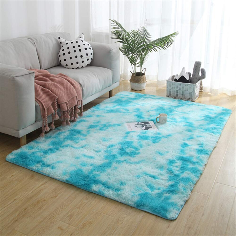 Fluffy Area Rug Light Gradient Velvet Surface Nonslip Carpet For Living Room Nursery 100X160cm Blue
