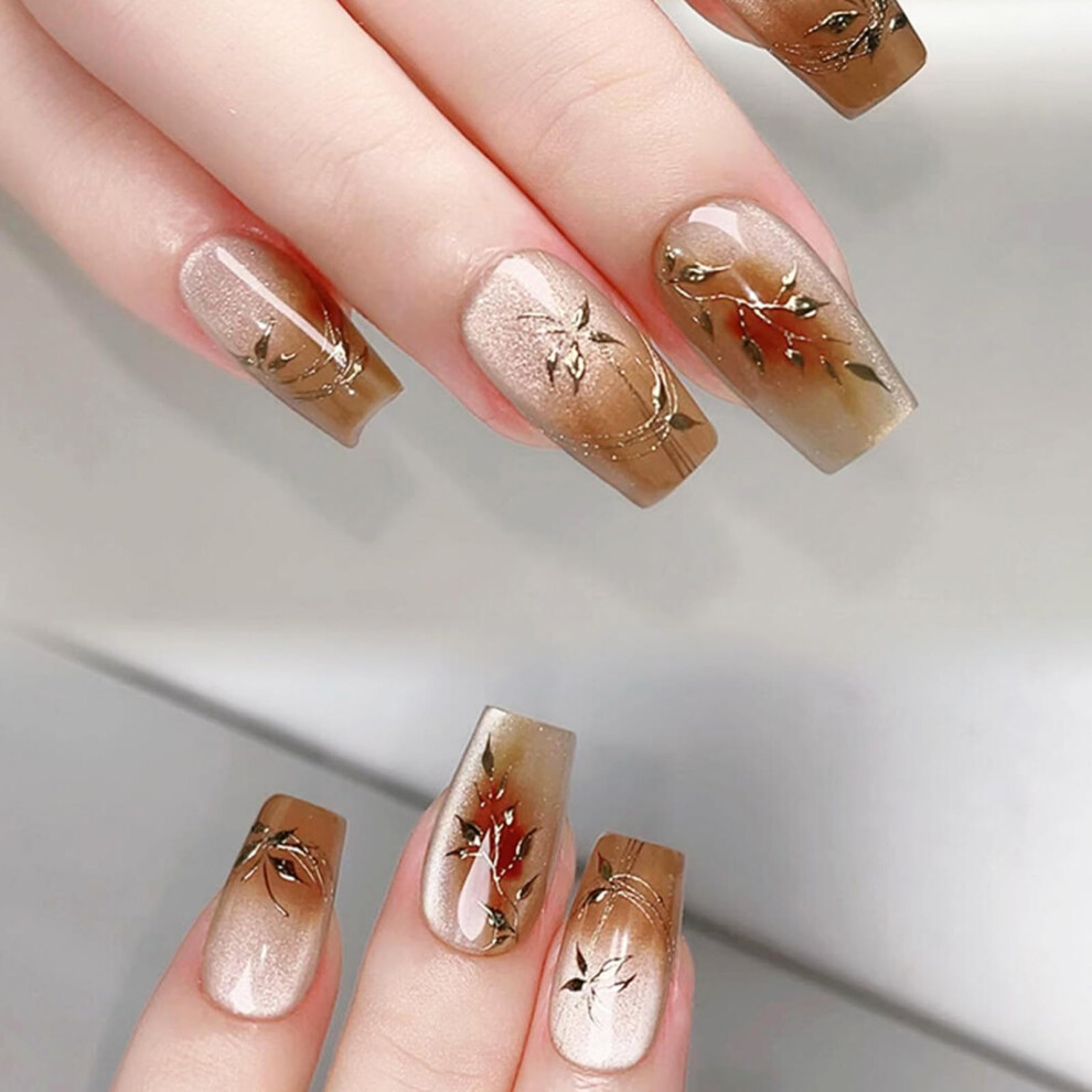 Gold Gradient Coffin Press On Nails With 3D Flowers, Glossy Full Cover Fake Nails Kit, 30Pcs