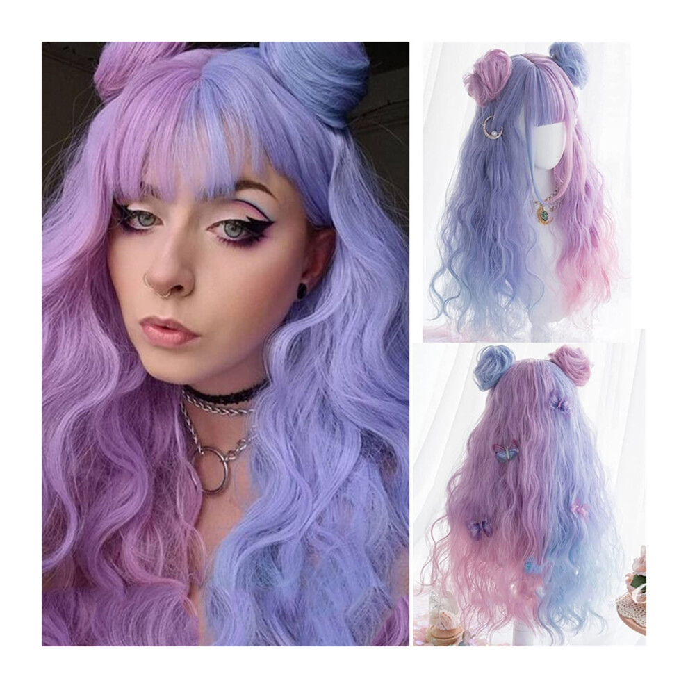 Unisex Blue,Pink,Purple Curly Wig With Bangs Long Wavy Synthetic Heat Resistant Purple Blue Pink Lolita Cosplay Wig