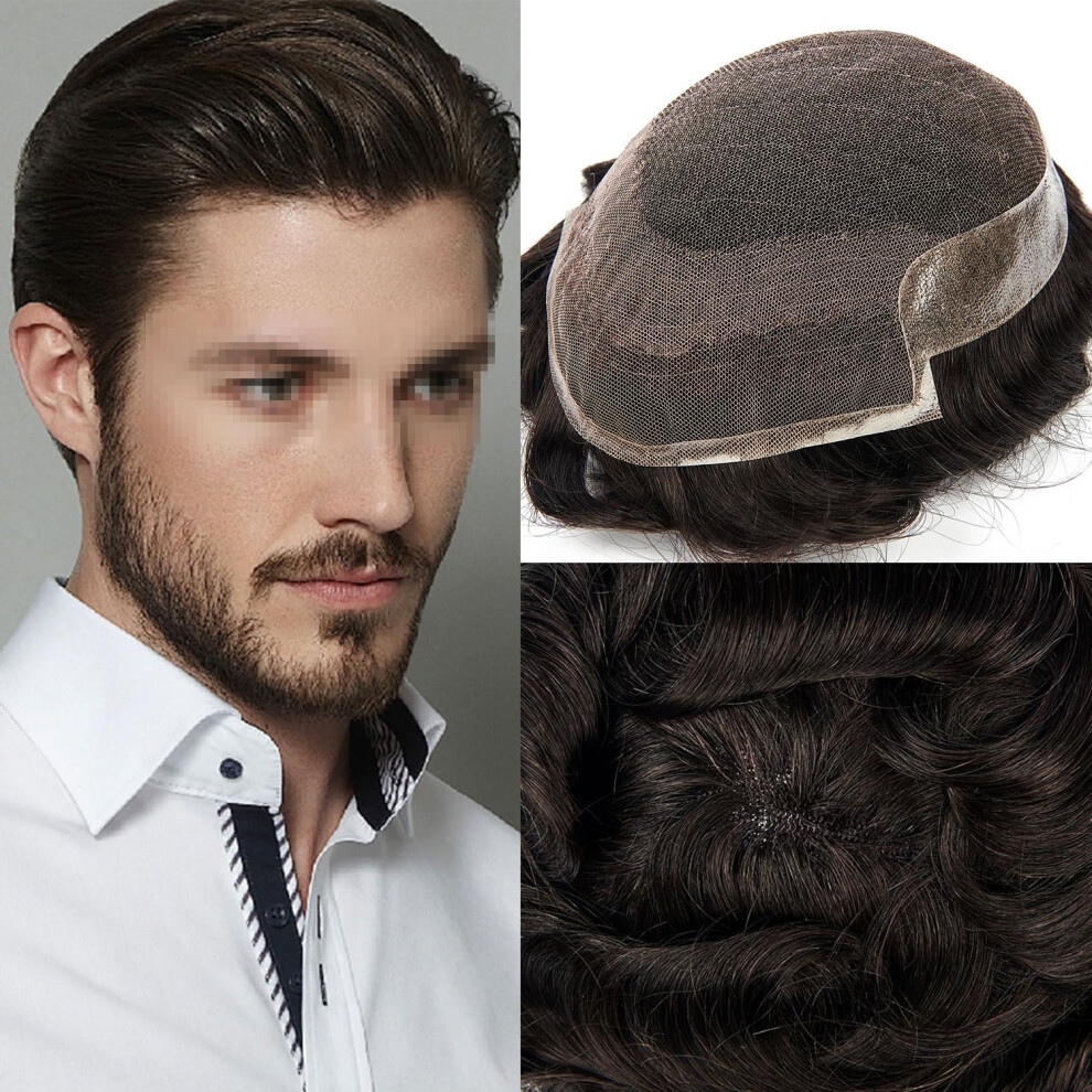 Unisex Brown Men's Toupee French Lace Front Human Hair Hairpiece 8X10 Darkest 120% Density