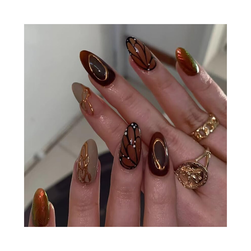 Gold 24Pcs Almond Press On Nails With Butterfly Wing Design Brown False Nails Rose Accents