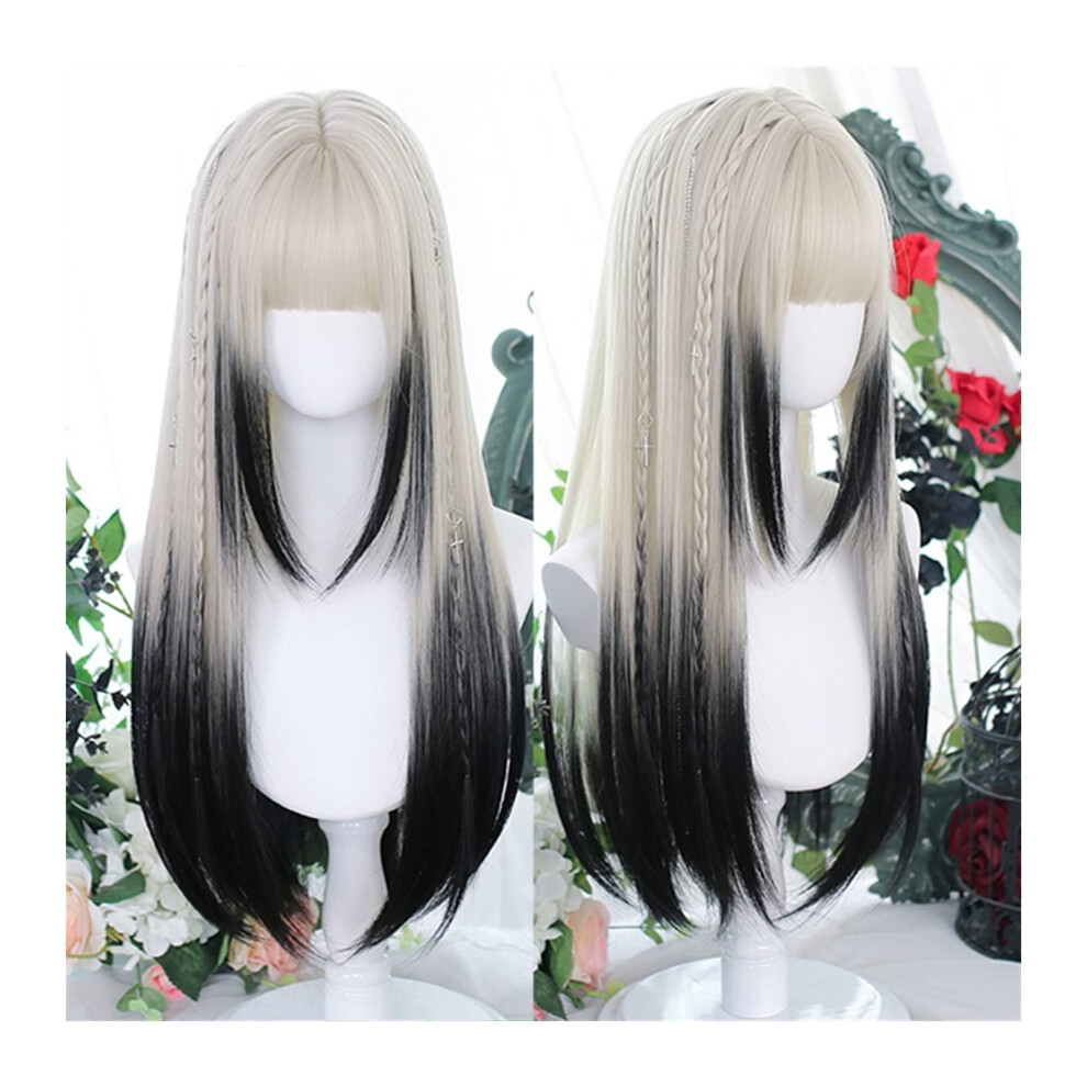 Unisex Silver Synthetic Long Straight Wig Gradient Dark Gray With Bangs For Women Cosplay Party