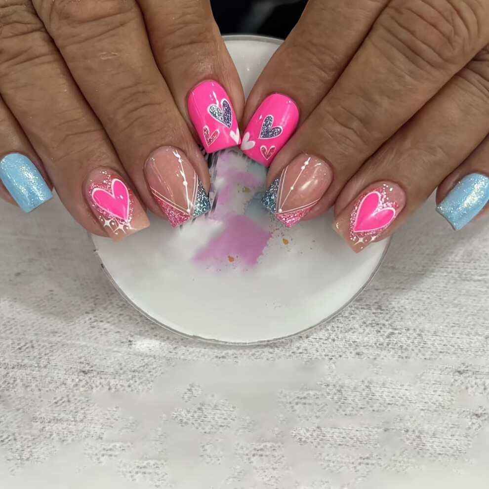 Pink Valentine Heart Press On Nails Short Square Acrylic False Nails 24Pc Glossy Coffin Set