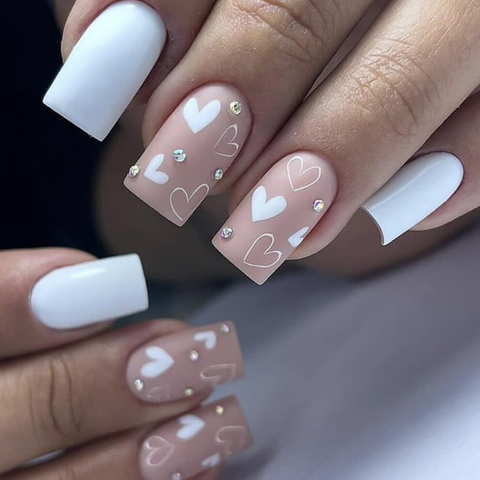 Valentine Press On Nails with Heart and Rhinestone Designs, Matte Medium Square Acrylic False Nails for Women