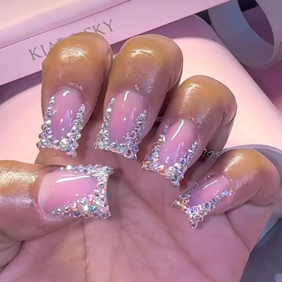 24pcs Rhinestone Press On Nails Pink Glitter Full Cover Fake Nails Set for Valentine Party