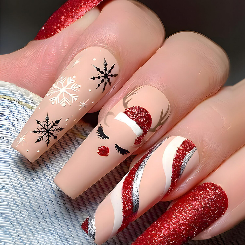 Christmas Press on Nails Long Square Matte Fake Nails with Snowflake Elk Design, Reusable Holiday Acrylic Nail Tips