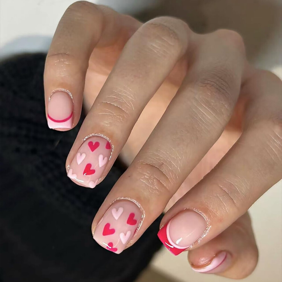 Valentine Press On Nails Short Square Glossy Nude Heart Fake Nail Set with Multiple Size Options