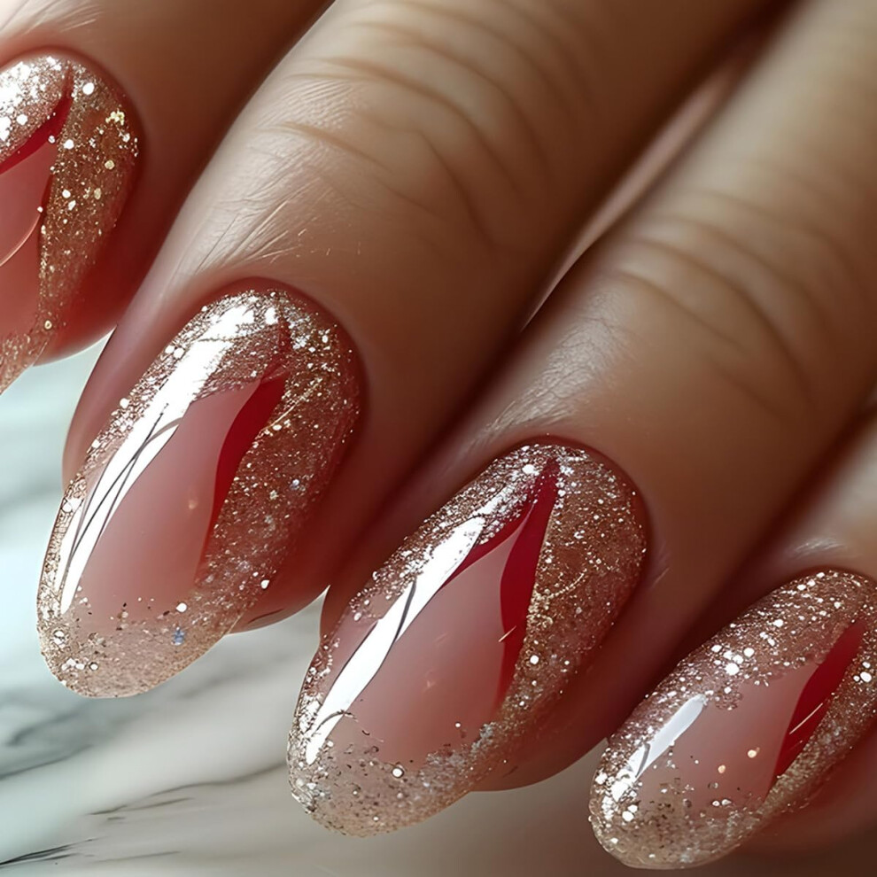 24 Pcs Glitter French Tip Press On Nails Short Almond Oval Acrylic False Nails Set for Women