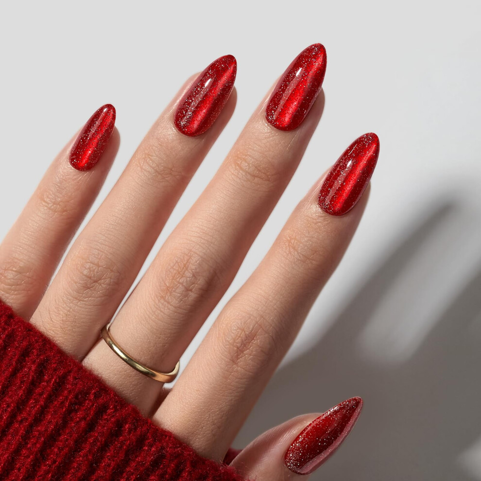 Red Handmade Gel Press On Nails Medium Almond Glossy Deep Sparkly Fake Nails For Christmas