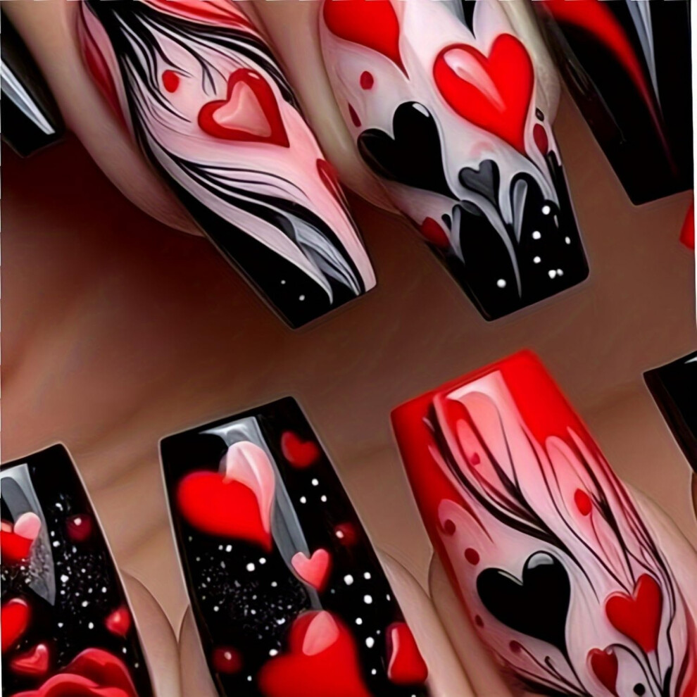 Valentine's Day Press On Nails Red Coffin Acrylic False Nails Romantic Heart Design Glossy Finish