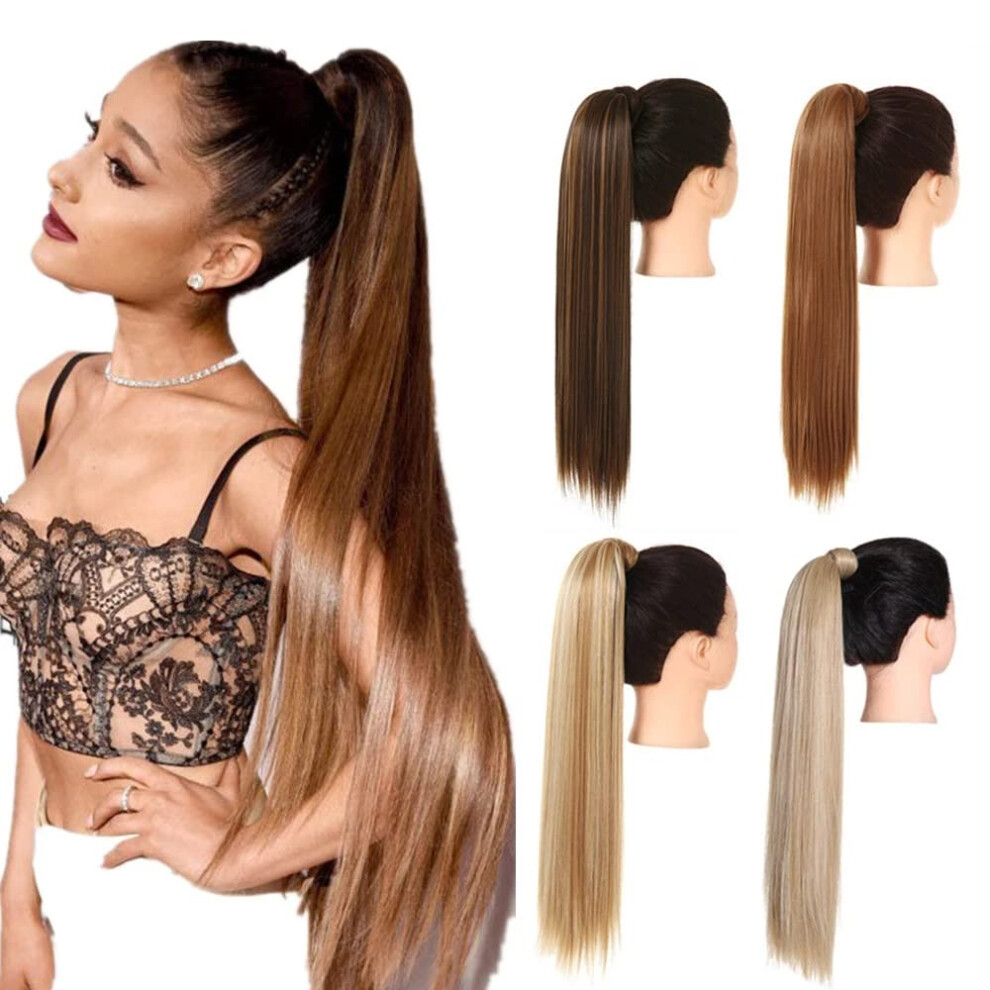 Unisex Black Ponytail Hair Extension Wrap Around Long Straight Synthetic Hairpiece Clip In For Women Jet 32In