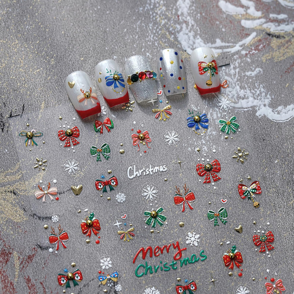 Christmas 5D Embossed Nail Art Stickers with Snowflake Bow Bell Decals, SelfAdhesive Manicure