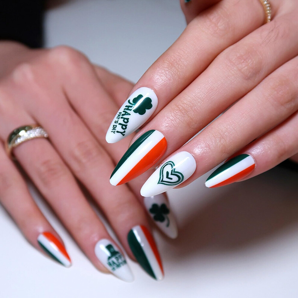 Green St. Patrick's Day Shamrock Press On Nails Lucky Clover Reusable Full Cover Nail Tips Medium