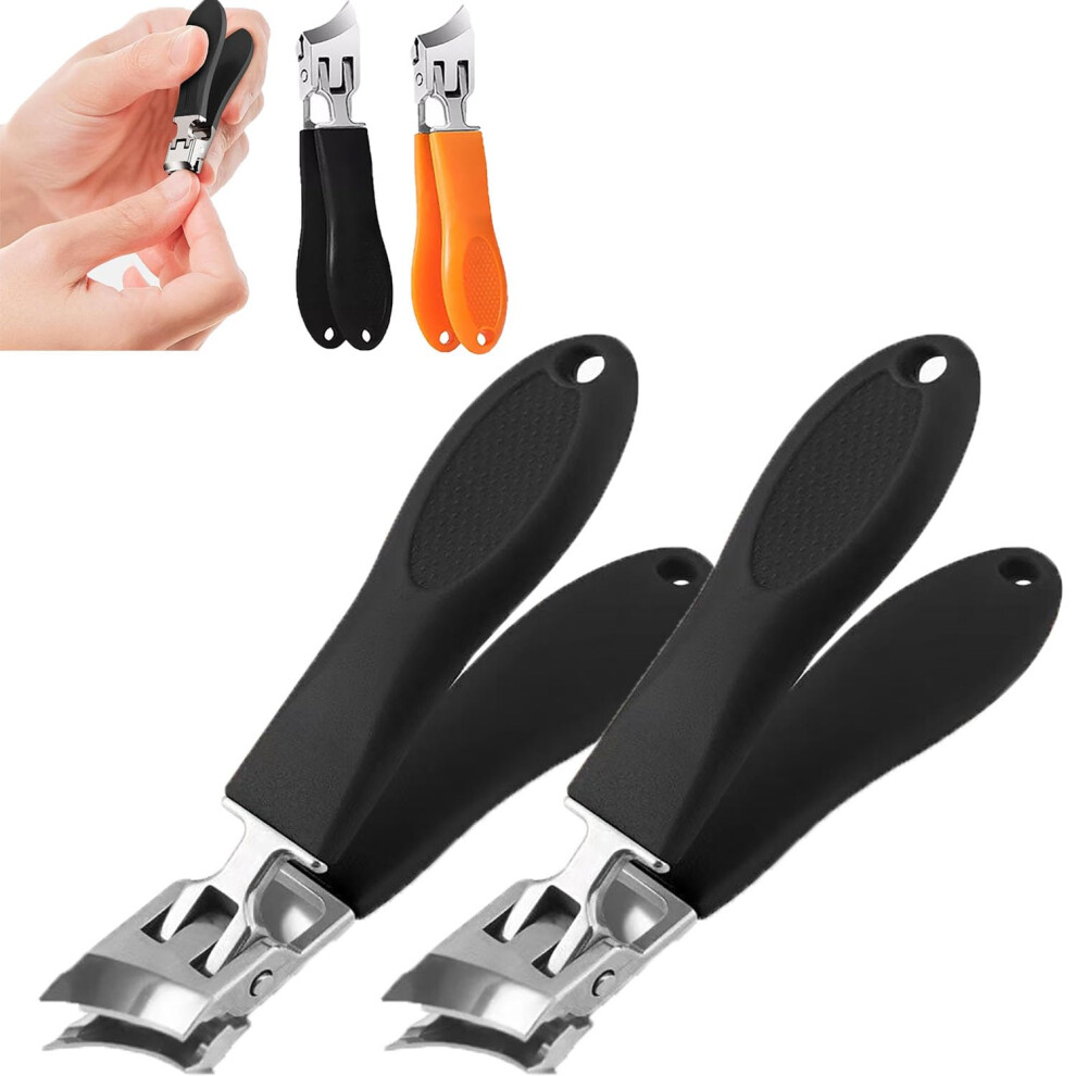 Black Wide Jaw Slanted Nail Clippers For Thick Toenails With Catcher, Antisplash Stainless Steel, 2Pcs