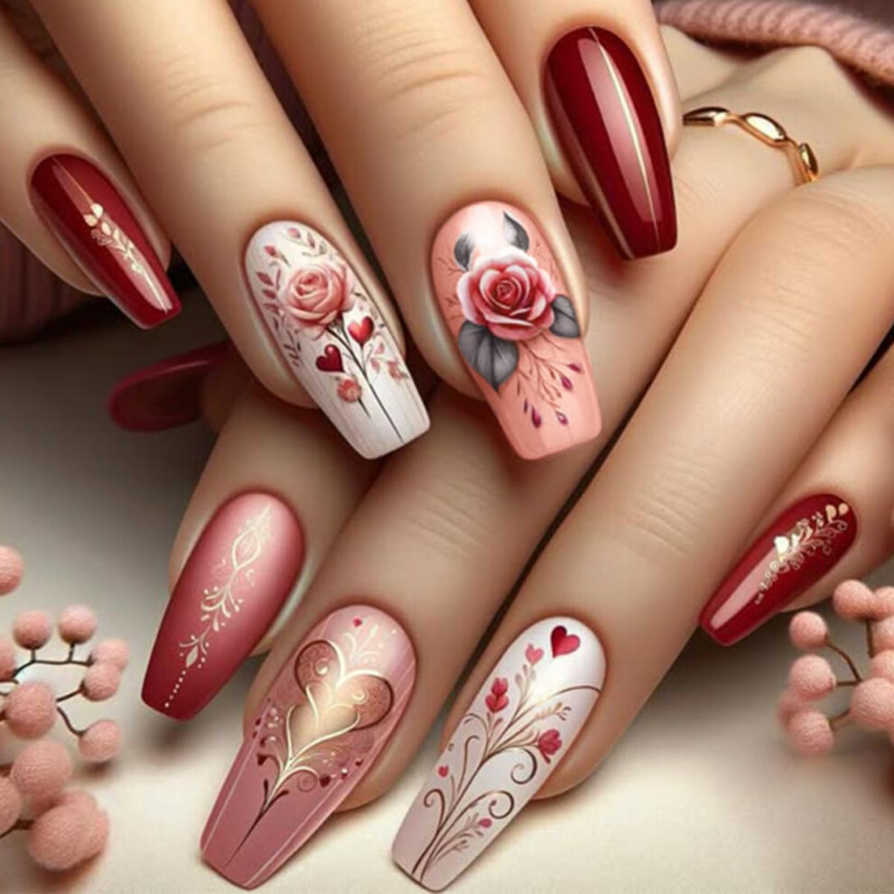 Valentine's Press On Nails Medium Square Fake Nails with Romantic Rose Heart Design 24Pcs
