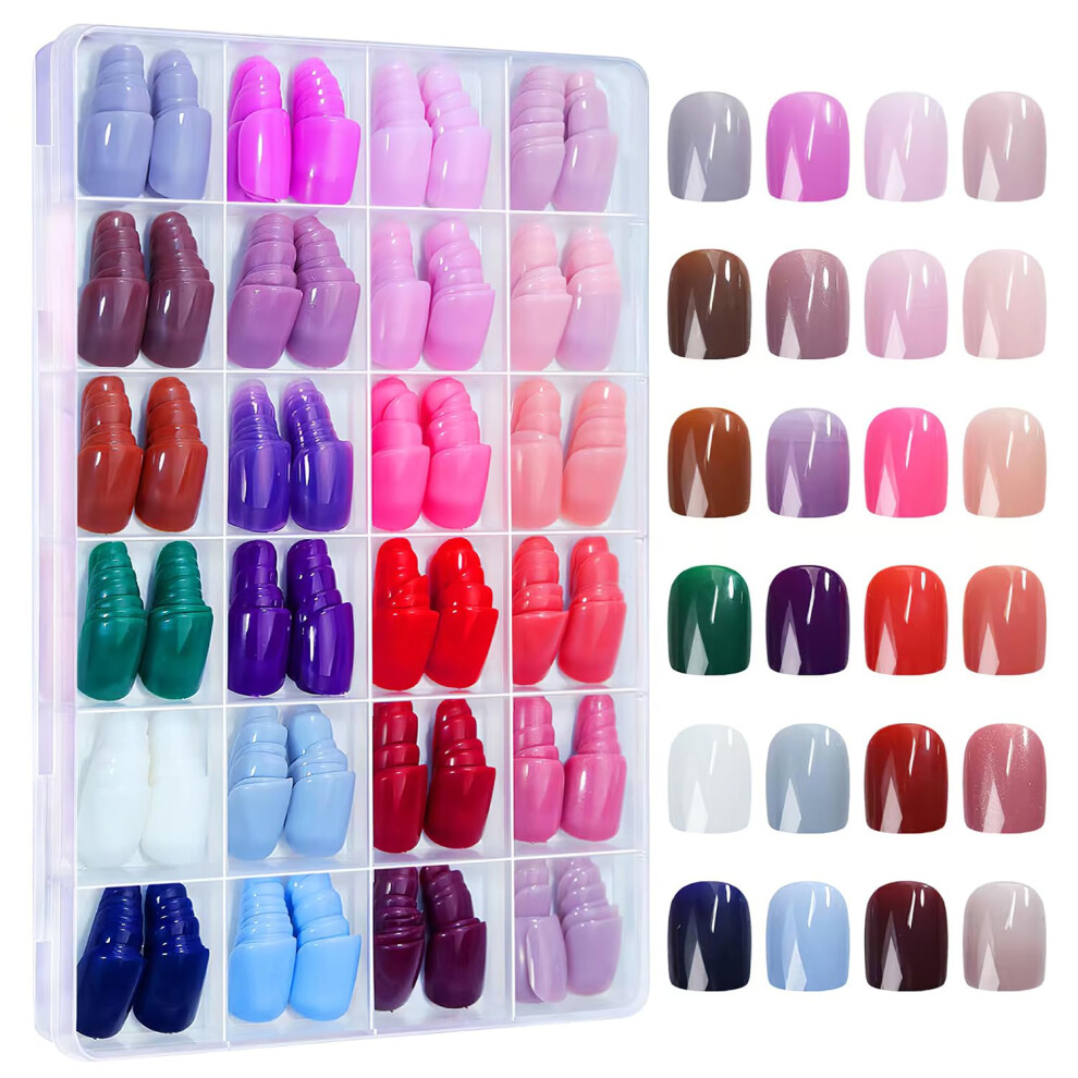 576PCS Press on Nails Set Square Short Glossy Fake Nails 24 Solid Colors Acrylic Nail Tips