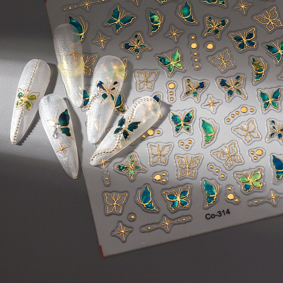 Green/Blue/Yellow 5D Embossed Butterfly Nail Art Stickers Selfadhesive Resin White For Salon