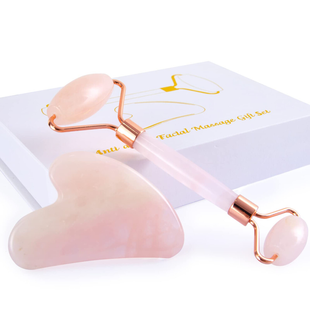 Rose Jade Roller and Gua Sha Set for Face Massage, Reduce Puffiness, Enhance Skincare Absorption