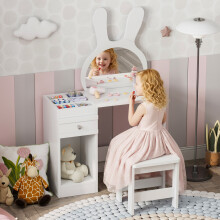 Kids Dressing Table, Girls Vanity Desk with Stool, Bunny Ear Mirror, 1 Drawer, 6 Storage Cubbies and 1 Open Cabinet, Wooden Makeup Desk for 3-12 Years