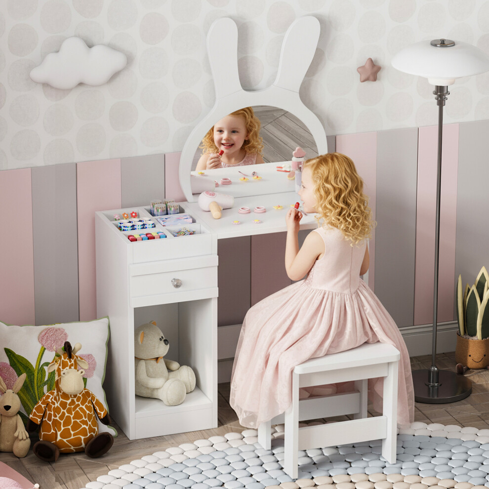 Photos - Other Furniture Kids Dressing Table, Girls Vanity Desk with Stool, Bunny Ear Mirror, 1 Drawer, 6 Storage Cubbies and 1 Open Cabinet, Wooden