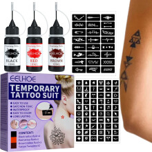 Temporary Tattoo Kit with 3 Bottles Semi Permanent Ink, 84 Unique Waterproof Stencil Patterns
