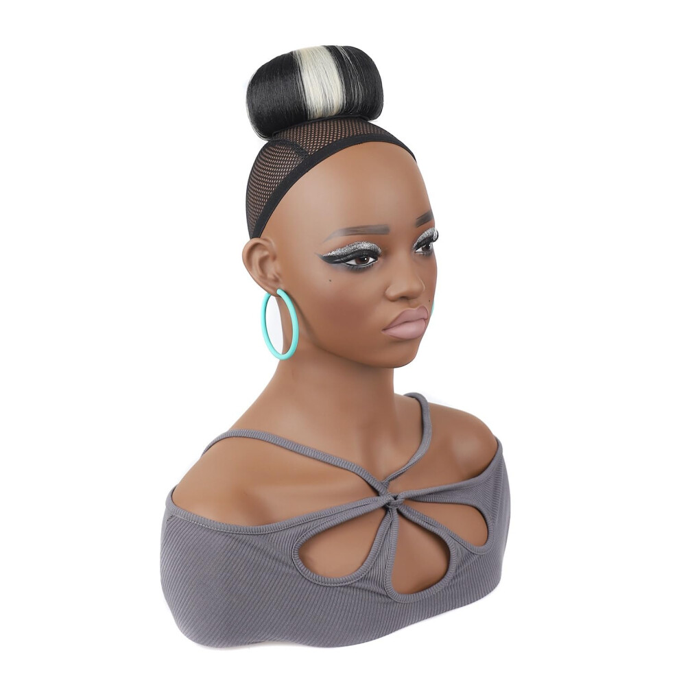 Unisex Black Braided Chignon Bun Hairpiece Large Clip In Hair Bun With Blonde Highlights For Women